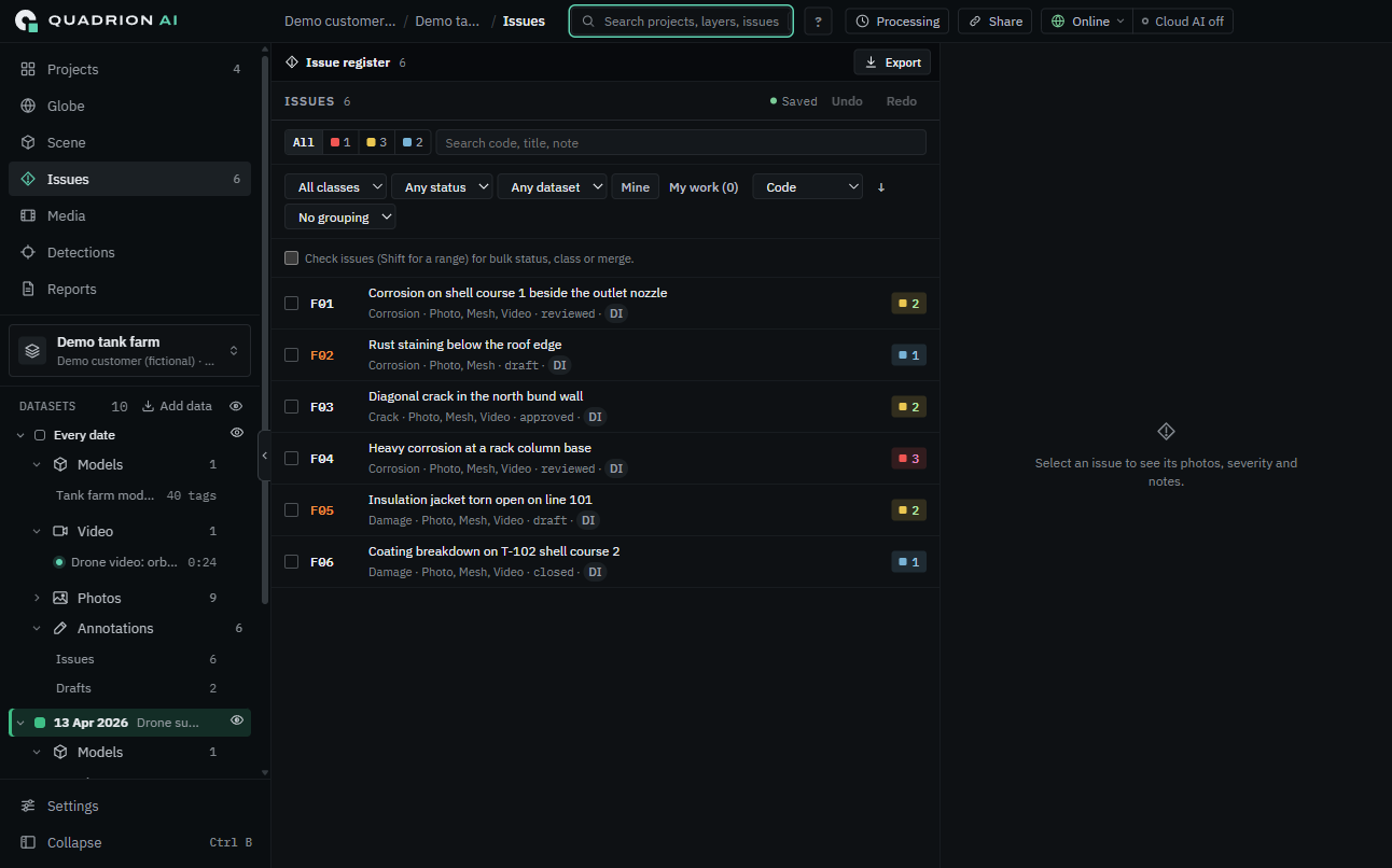 Quadrion AI issue register listing findings with severity, location and date.