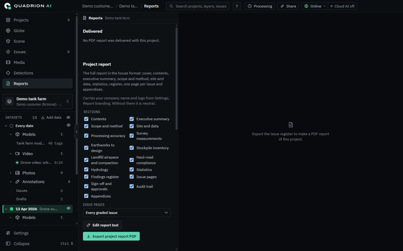 Quadrion AI report builder assembling findings into a client document.