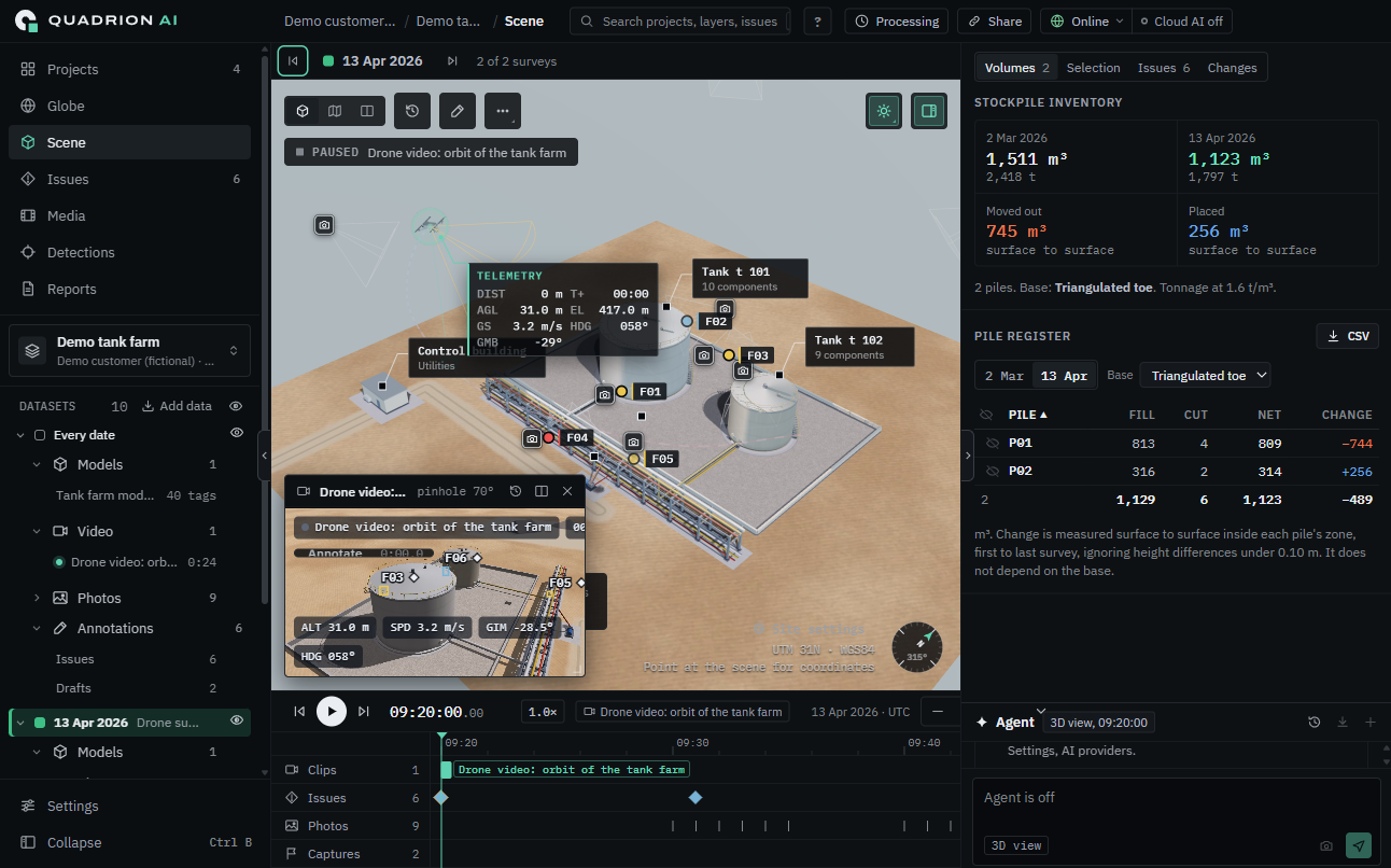 Quadrion AI scene: a drone video panel, telemetry and issue pins over a 3D model of a demo tank farm, with a timeline and stockpile volumes.